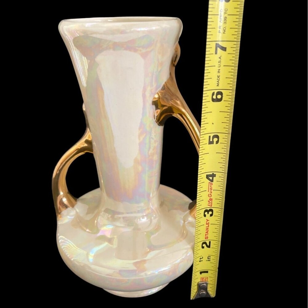 MCM Lusterware Vase Ceramic Pearl Glazed Iridescent Porcelain Gold Handles VTG - Picture 9 of 11